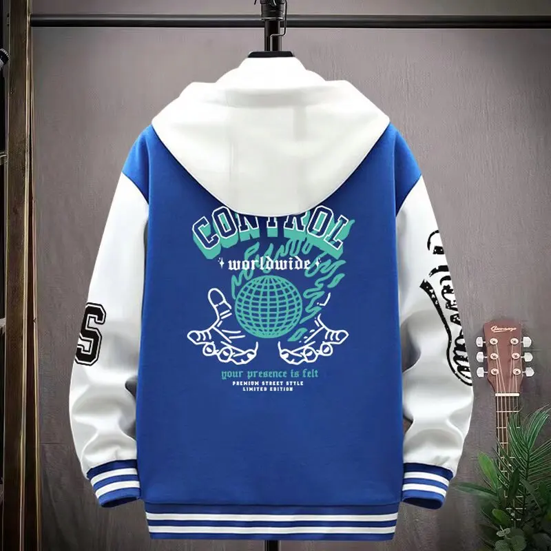 S-3XL New Men's Baseball Jacket Blue Black Cool Hooded Jacket Autumn Korean Style Casual Outerwear Fashionable Men's Clothing