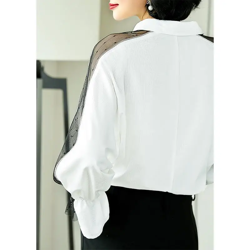 Women's Elegant Sexy Mesh Sheer Patchwork Chic Office Lady White Button Up Shirt Fashion Business Casual Long Sleeve Top Blouse