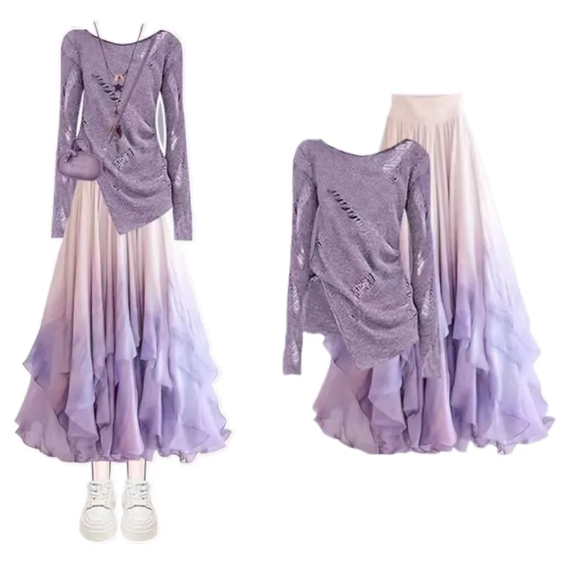 Spring and Autumn New Gentle Style High End Fashion Piercing Top+Beautiful Gradient Half Skirt Two Piece Set