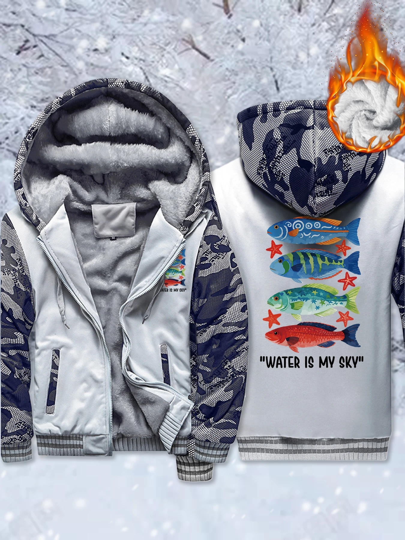 

Water Is My Sku Colorful Fishes Print Men Thicken Jacket Oversized Fleece Coats Soft Pocket Hoodies Winter Zipper Sportswear