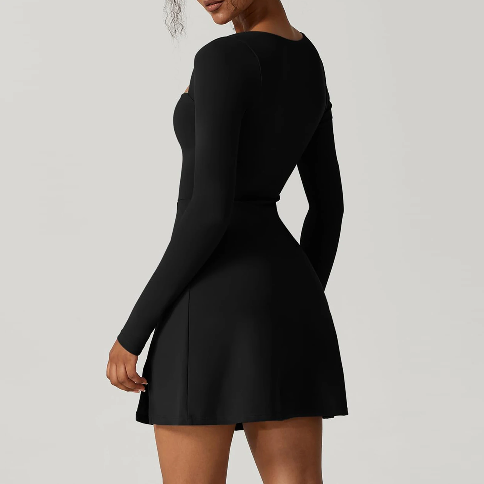 Damska mini sukienka Bodycon Flare Low Cut Solid Color Side Slit Dress Long Sleeve Square Neck Party Dress Black