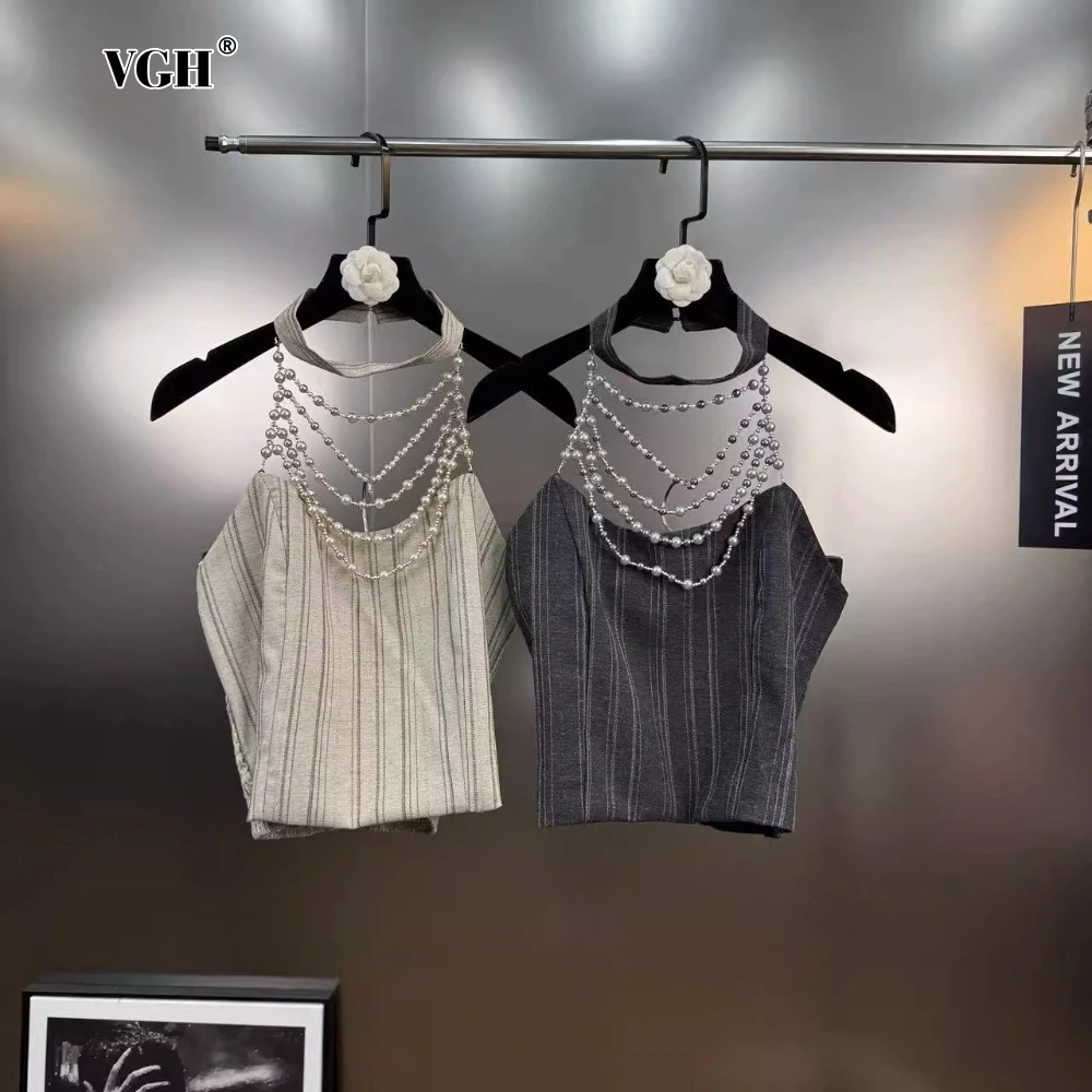 

VGH Luxury Spliced Irregular Beading Chain Vest for Women Haler Sleeveless Patchwork Striped Printing Style Sexy Camisole Female