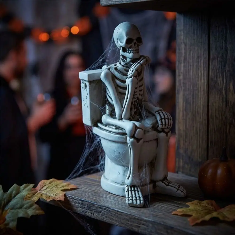 Vintage Skeleton on Toilet Figurine Resin Gothic Thinking Skeleton Ornament Spooky Atmosphere Fade-Proof