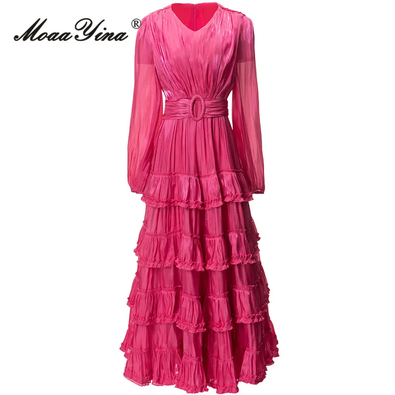 

MoaaYina Autumn Fashion Runway Rose Red Vintage Dress Women V Neck Long Sleeve Sashes Ruffles High Waist Slim Pleated Long Dress