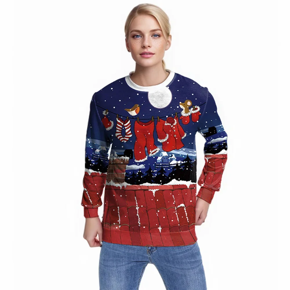 Mannen Vrouwen Kerst Sweatshirt 3D Grappige Print Holiday Party Jumper Tops Unisex Kersttrui Pullover Lelijke Kersttrui