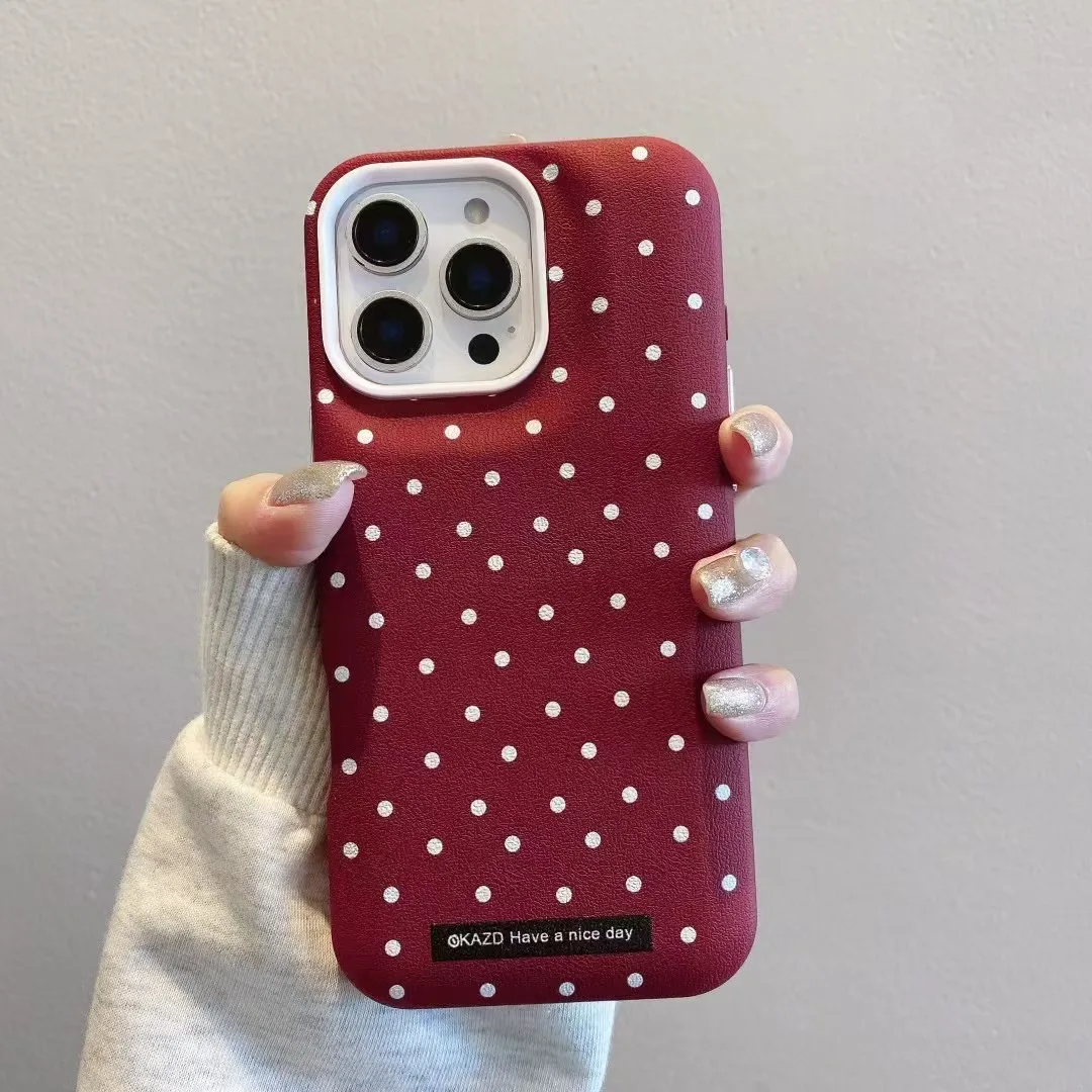 Korean INS 3-in-1 Leather Texture Polka Dots Chic Puff Phone Case for iPhone 16 PIus 15 14 13 12 ProMax 11 Back Phone Cover Capa