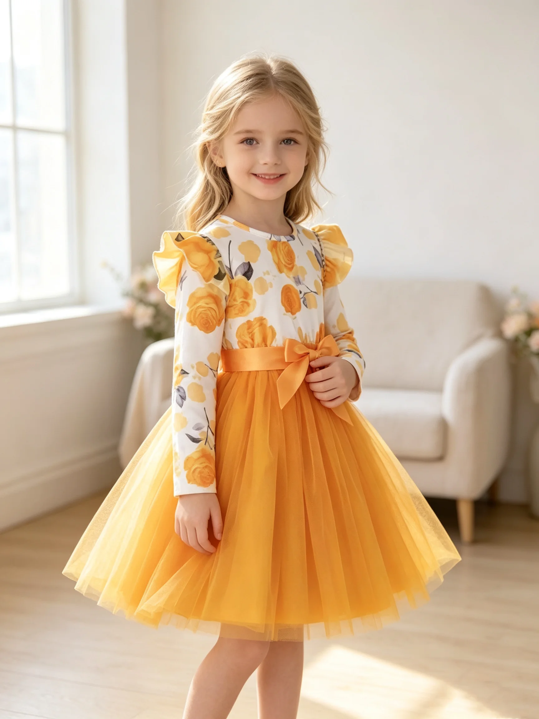 Children's Floral Print Sheer Long-Sleeved Dress with Waistband Casual Spring Autumn Trendy Style Girls Clothing
