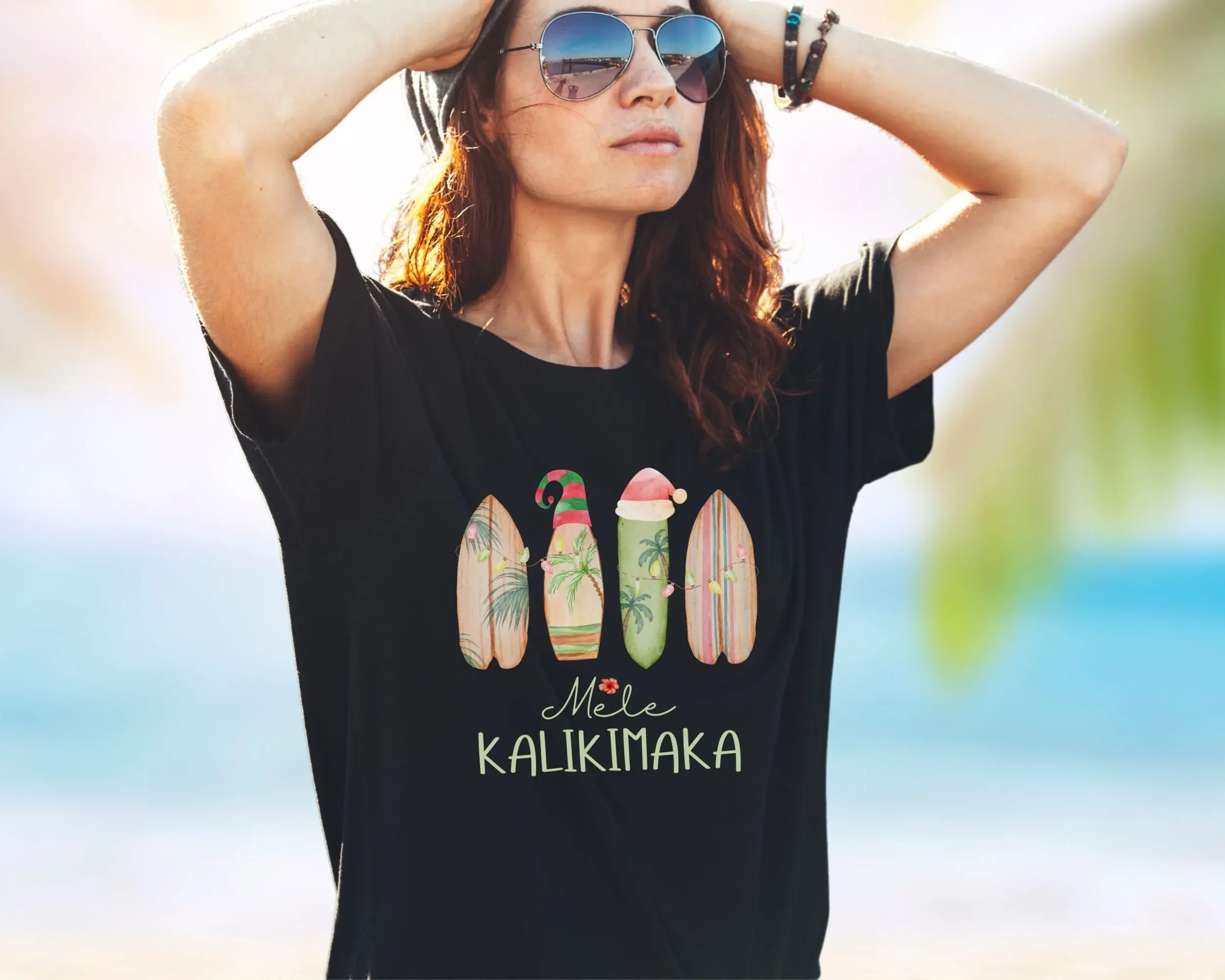 

Mele Kalikimaka Beach Christmas T Shirt Hawaiian Coastal Surfboard Hawaii Xmas