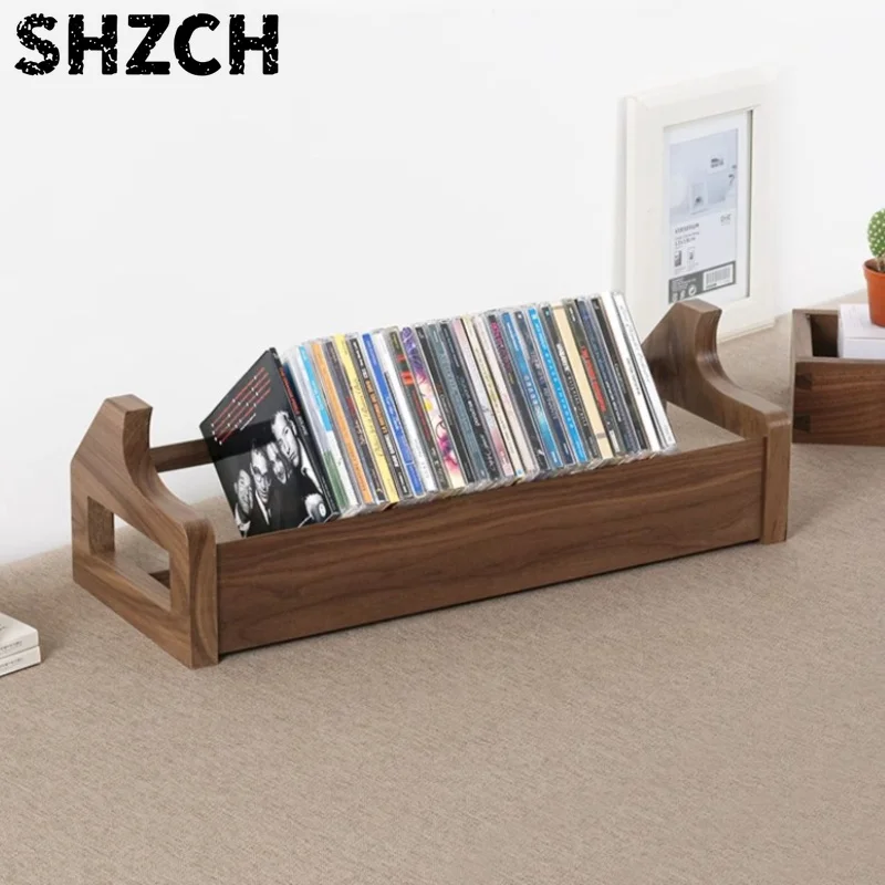Black Walnut Wood Desktop CD Record Storage Rack PS5 Game Disc Display Rack DVD Blu-ray Record Collection Rack