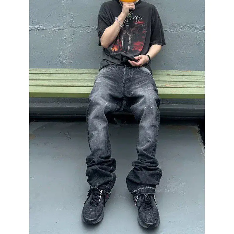

Cleanfit Style American High Street Texture Destroyed Washed Micro Flared Slim Fit Jeans Casual Straight Leg Jeans