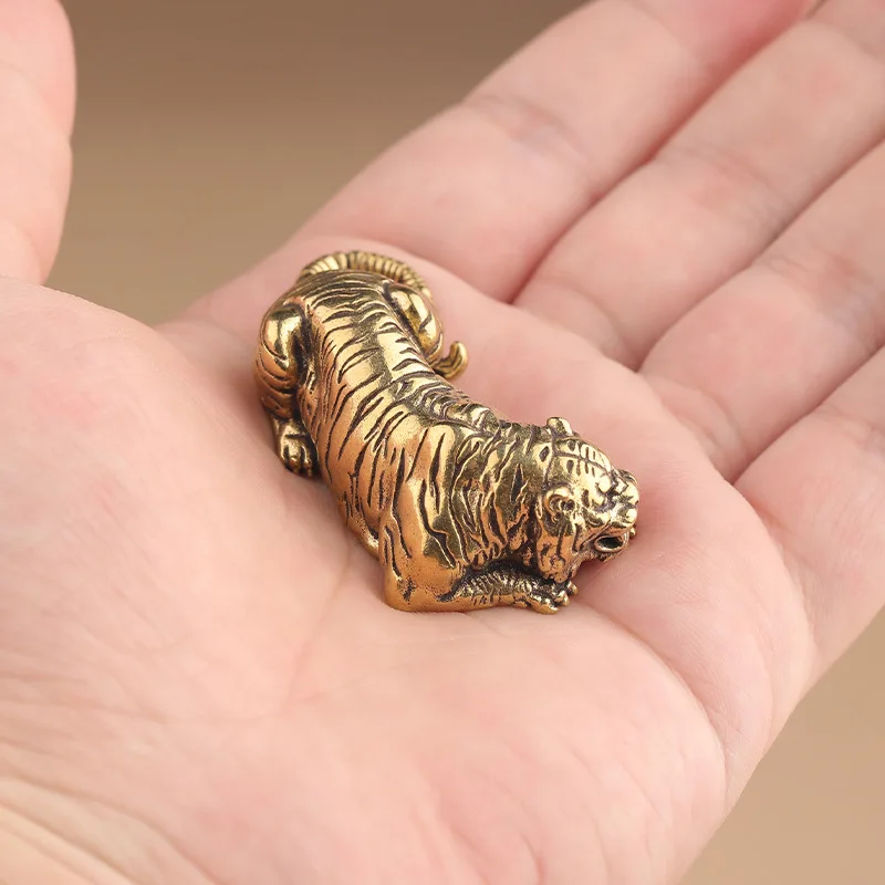 Antique Brass Tiger Small Statue Desktop Decoration Vintage Animal King Of Forest Miniatures Figurines Home Decor Ornament Craft
