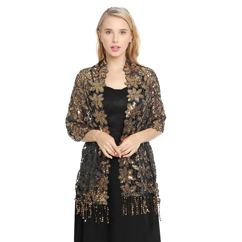 Spring Autumn New Sequin Tassel Shawl Cape European American Dinner Party Cheongsam Shawl High-end Shawl Woman Cloak Golden