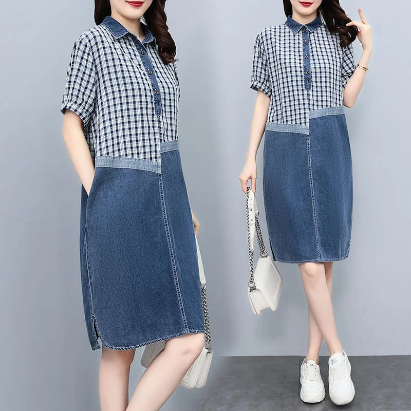 Summer Women\'s Dress Clothing Vintage Plaid Print Patchwork Denim Midi Dress Casual Short Sleeve Loose Streetwear Jean Dresses