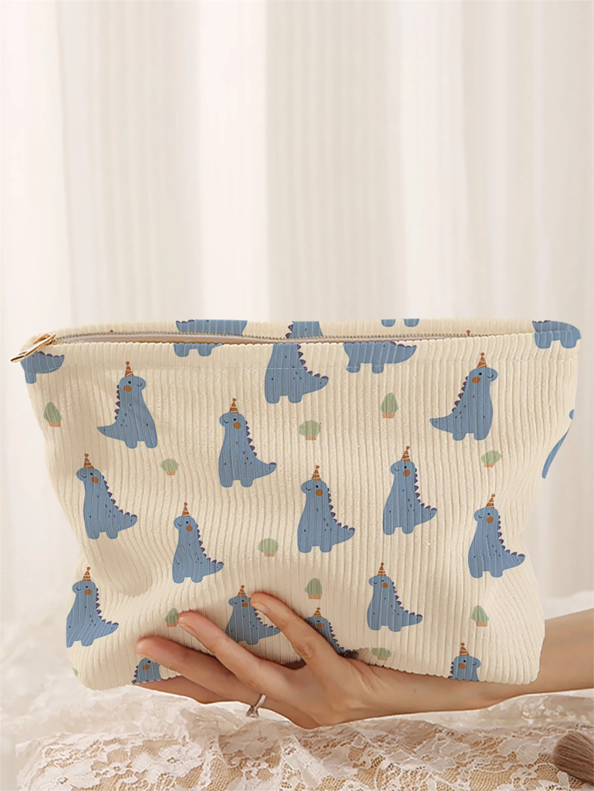Women's Handbags Cartoon Dinosaur Patterned Corduroy Makeup Bag, Lightweight Zipper Makeup Storage Box, Multifunctional Bag