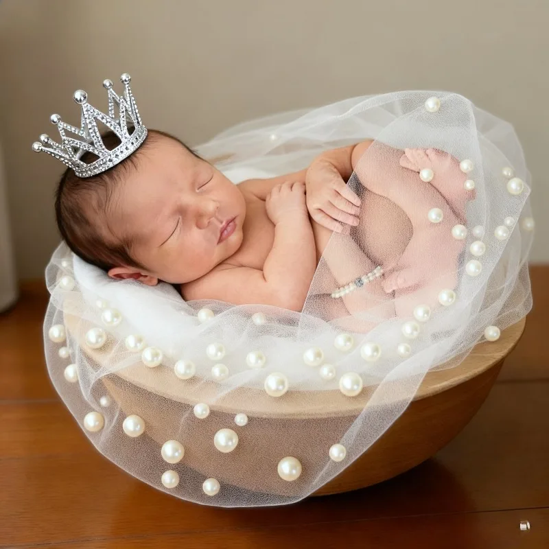 

5M Pearl Tulle Photography Backdrop Set - Sheer Newborn Photo Background with Crown & Bracelet - Baby Prop with Imitation Pearls