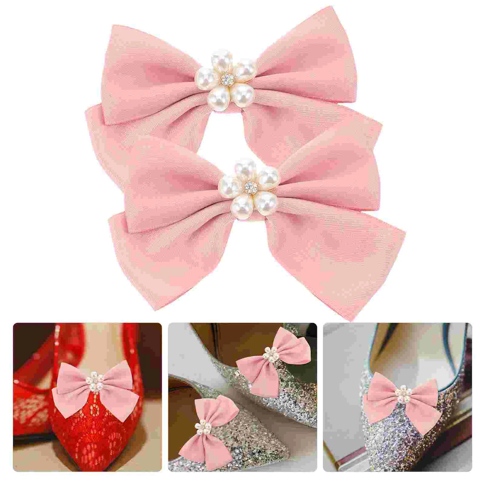 

2 Pcs Jewelry Bow Collar Shoe Accessories Clips for Women Wedding Bridal Pink Bride