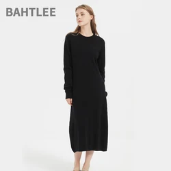 BAHTLEE-Women's Straight Dress, 100% Australian Wool, Knitted Jumper, Long Sleeve, O-Neck