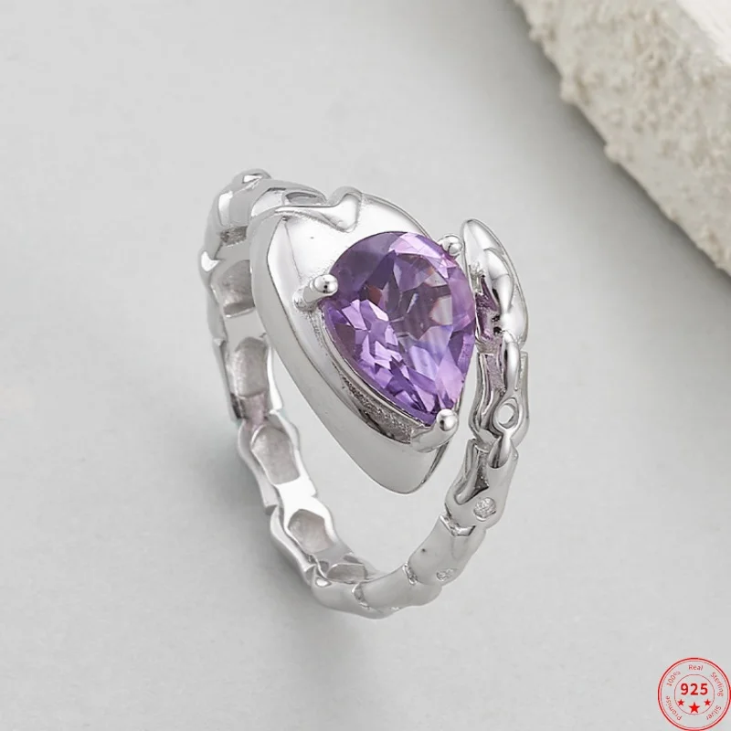 

S925 Sterling Silver Charms Ring for Women Men Snake Shaped Inlaid Water Droplet Amethyst Fashion Luxury Jewelry Wholesale