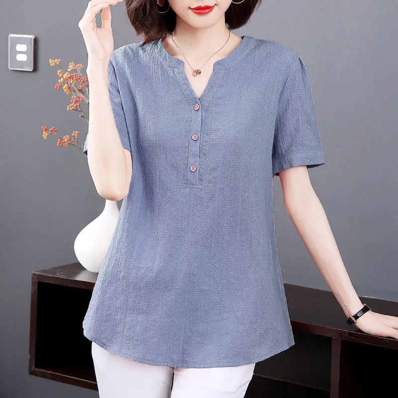 Clothes for Women 2024 Spring Summer Fashion V Neck Solid Blouse Elegant Short Sleeve Loose Shirt Casual Cotton Tunic Tops Blusa