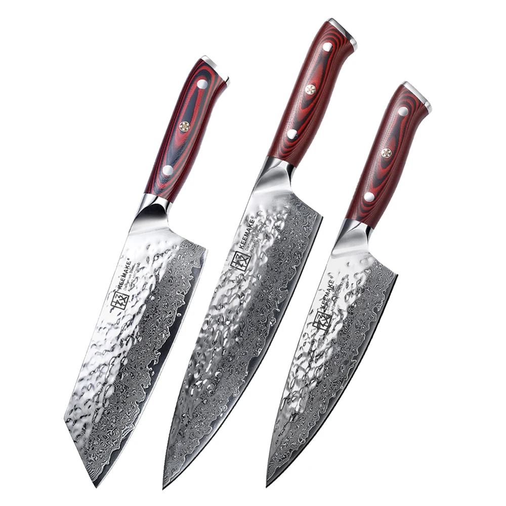 KEEMAKE Damasscus Kitchen Knives 1-3PCS/Set Ultra Sharp AUS-10 Damascus Steel Japanese Chef\'s Knife Vegetable Meat Cutting Knife