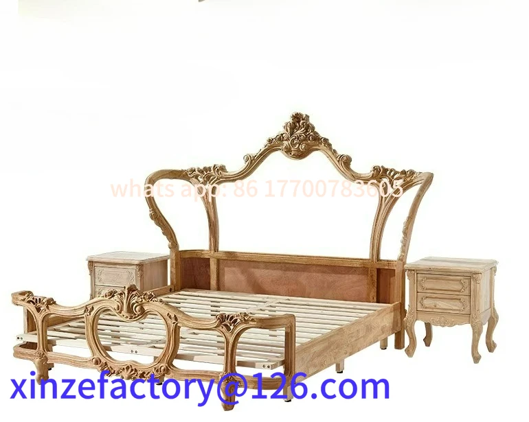 

Customizable Solid Wood Double Bed Villa Luxury Master Bedroom Wedding Top Leather American Oak Carved Princess Queen Bed