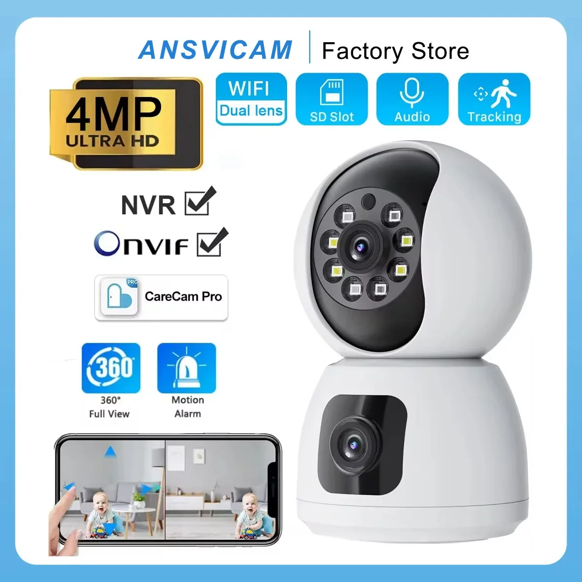 2K 4MP PTZ Camera Dual Lens IP WIFI Smart Home Security Wireless Surveillance Camera Two-way Audio Baby Pet Monitor Care Cam Pro