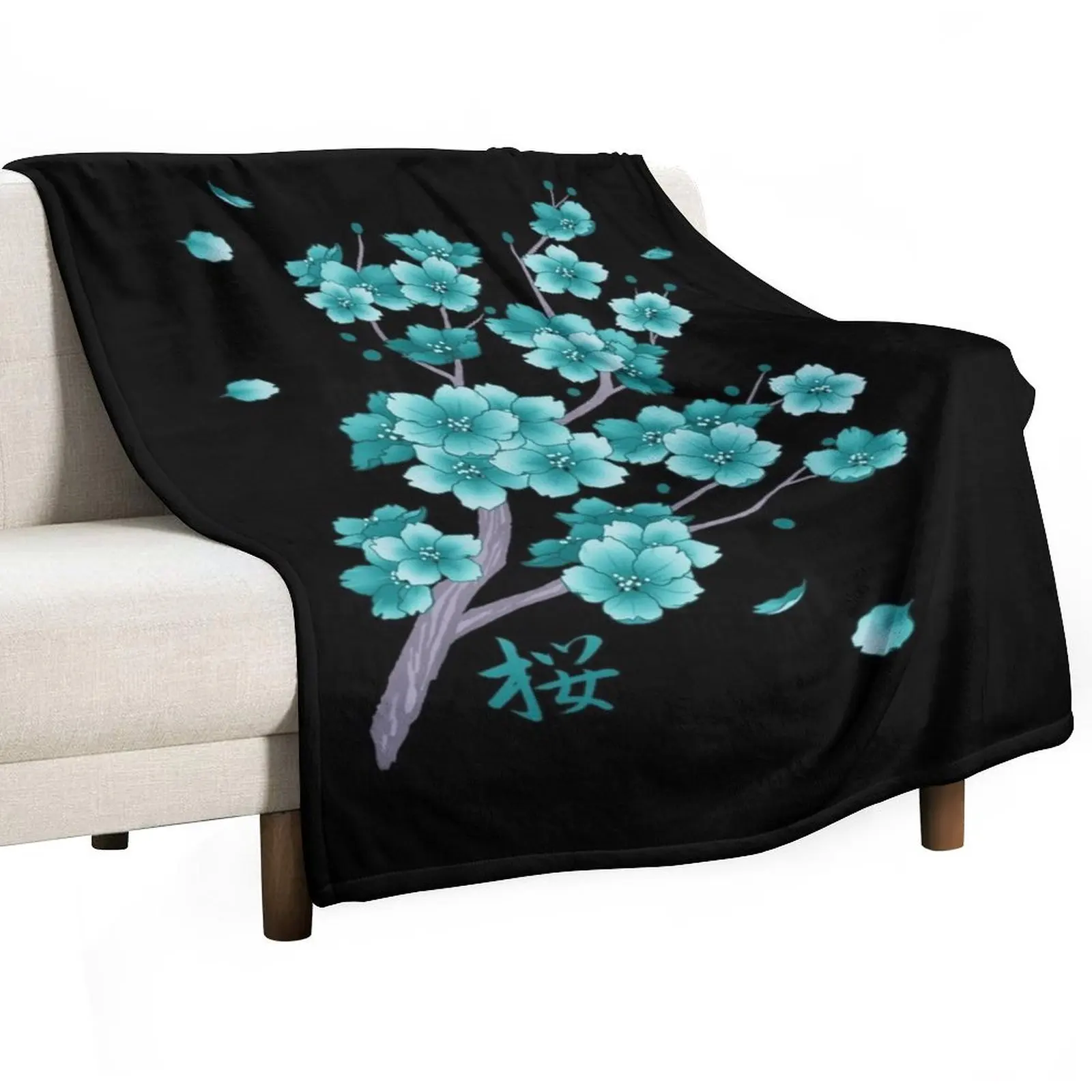 

Falling teal blue Sakura Cherry Blossom on black Throw Blanket Hairy heavy to sleep Stuffeds Personalized Gift Blankets