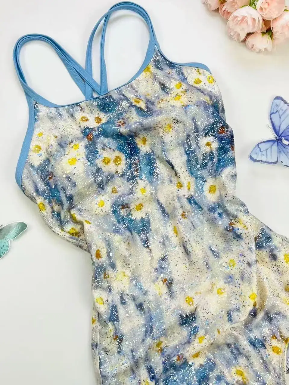 

Купальник-треугольник в корейском стиле Blue Mist Flower с золотым тиснением, женский, с низким вырезом, дышащий, быстросохнущий