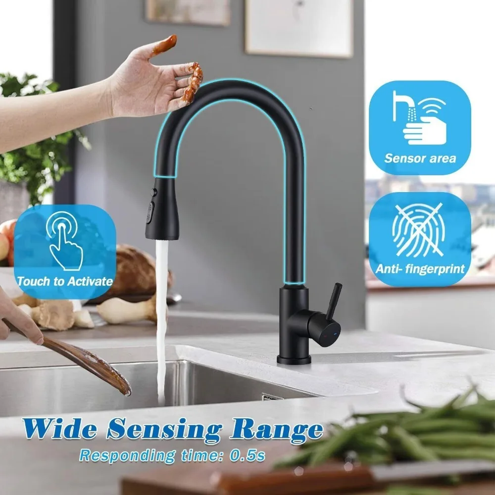 マットブラック タッチセンサー キッチン蛇口 プルダウンスプレーヤー スイベルシンクミキサータップ