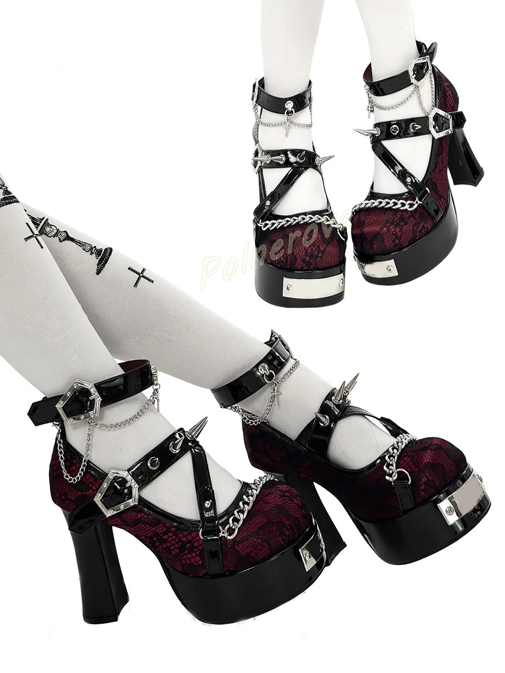 Lace Platform Mary Jane Pumps Women Gothic Spike Studs Chain Buckle Ankle Strap Block Heel Shoes Cross Punk Dark Lolita Shoes