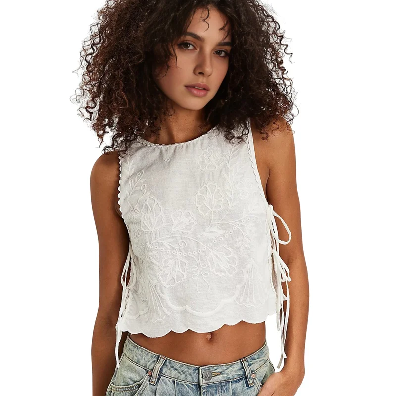 

CYL-Tank Tops For Women Y2K Sleeveless Square Neck Tie Up Cropped Vest Summer Chic Going Out Blouse