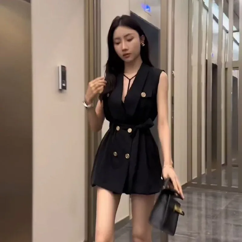 

Summer Fragrant V-neck Suit Dress for Women's Heavy Industry Double Breasted Sleeveless Hepburn Style Dresses Female Clothing