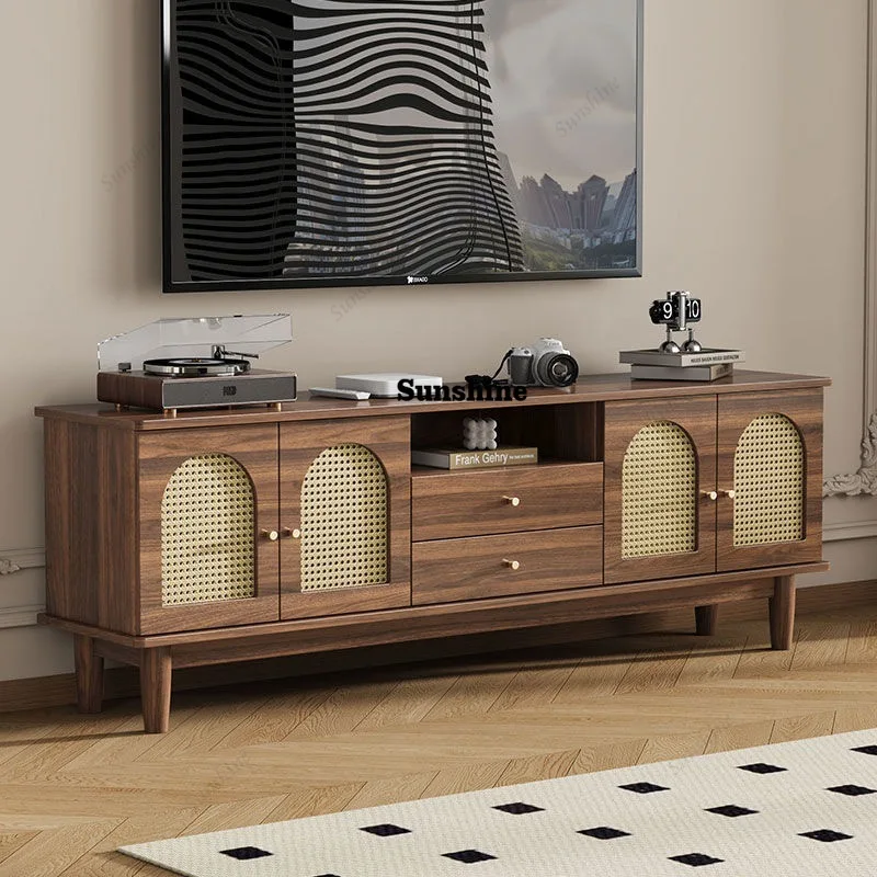 

Retro simple rattan TV cabinet Chinese Nordic small apartment solid wood living room household coffee table TV cabinet