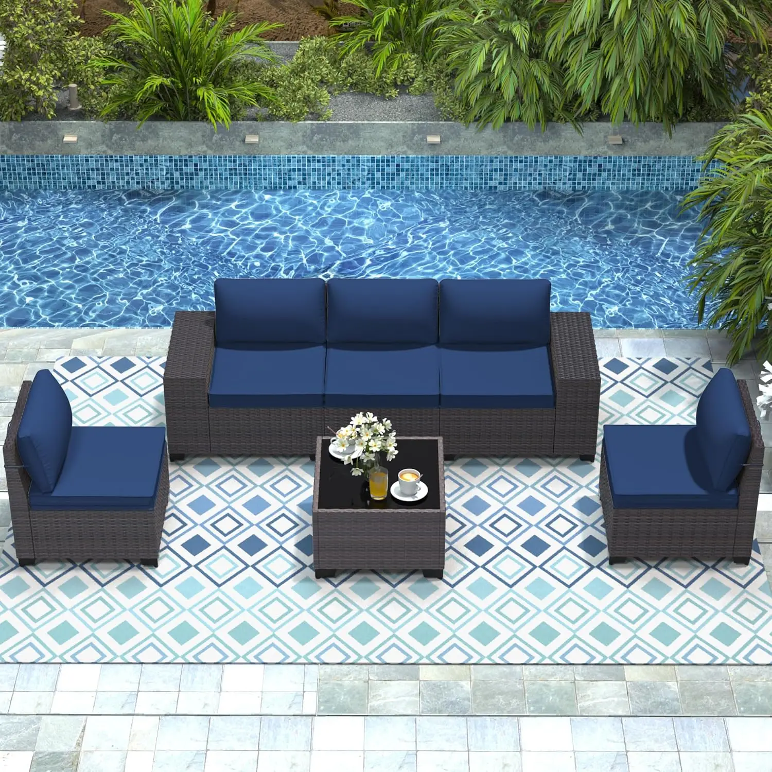 

Patio Furniture Set 6 Pieces Outdoor Sectional Sofa Set,PE Rattan Wicker Patio Conversation Set ,NavyBlue