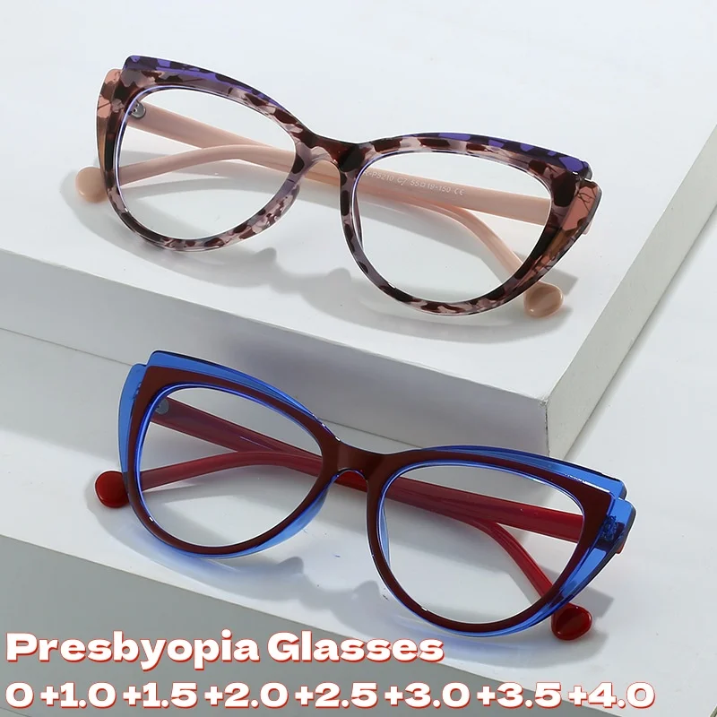 

New Fashionable Cat Eye TR90 Anti Blue Light Presbyopia Glasses Ladies' Trendy Splicing Color Blocking Glasses Diopter To +4.0