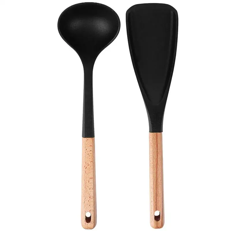 Silikonowe przybory kuchenne Drewniana łopatka z drewnianą rączką Narzędzie do gotowania z gładkimi krawędziami do wyciągania i przewracania
