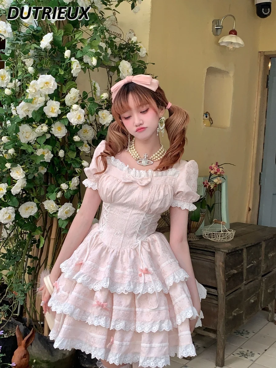 Japanese Original Sweet Girl Fresh Cute Light Pink Cake Dress Summer Puff Short Sleeve Bow Tie Waist Dresses for Women