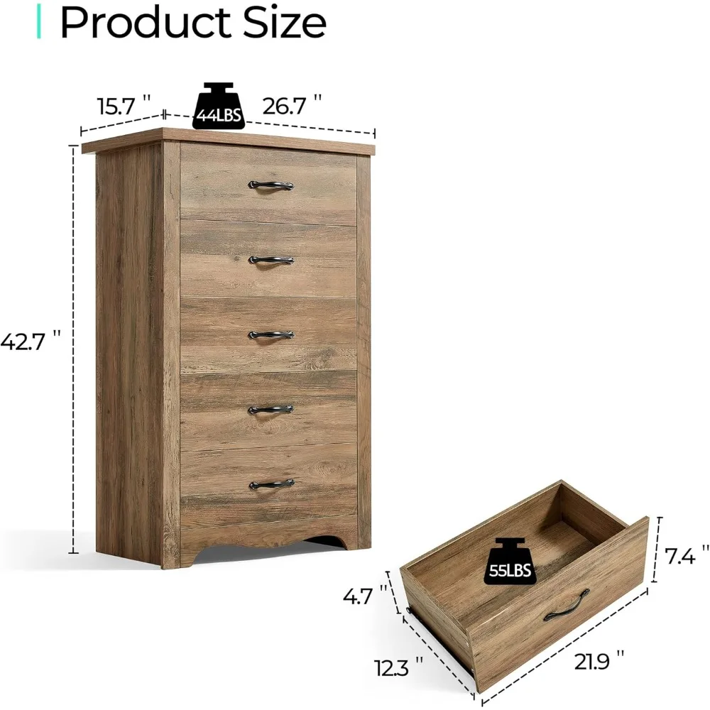 خزانة خشبية حديثة ذات 5 أدراج لغرفة النوم، خزانة طويلة معاصرة مع أدراج للتخزين