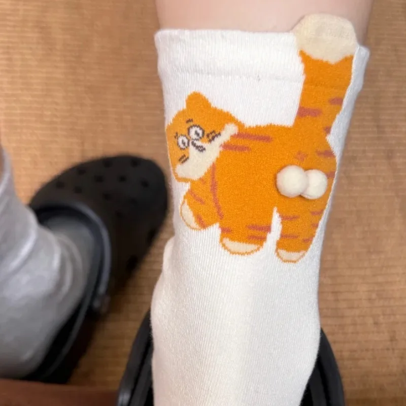 

1/5pairs Funny Cats Balls Socks Cute Cartoon Cat Butt Tinkerbell Socks Unisex Novelty Animal Print Cotton Blend Crew Stockings