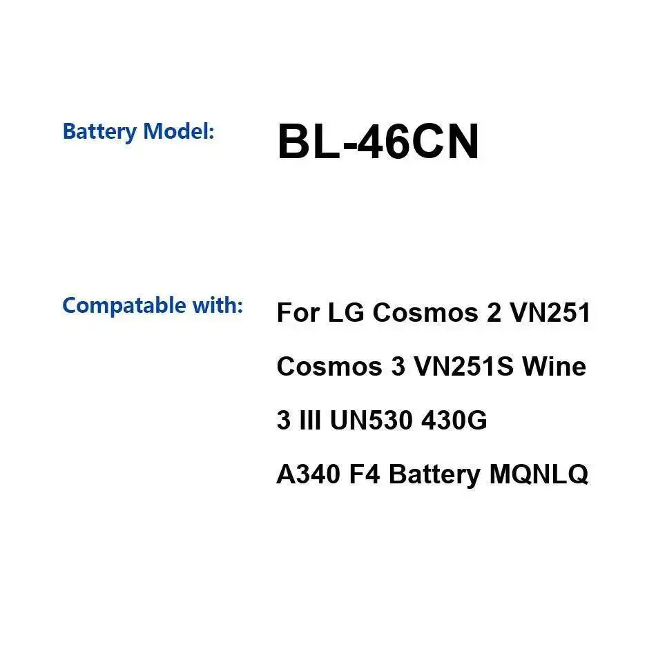 

Прочный аккумулятор для мобильного телефона 900 мАч BL-46CN для LG Cosmos 2 VN251 3 VN251S Wine III UN530 430G A340 F4 Mqnlq