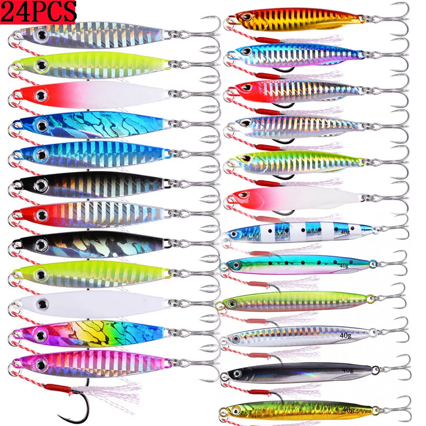 

24PCS Metal Jig Jigging Spoon Set 60G 40G 30G 20G Shore Casting Jig Drag Cast Sea Bass Lure Artificial Bait Fishing Tackle