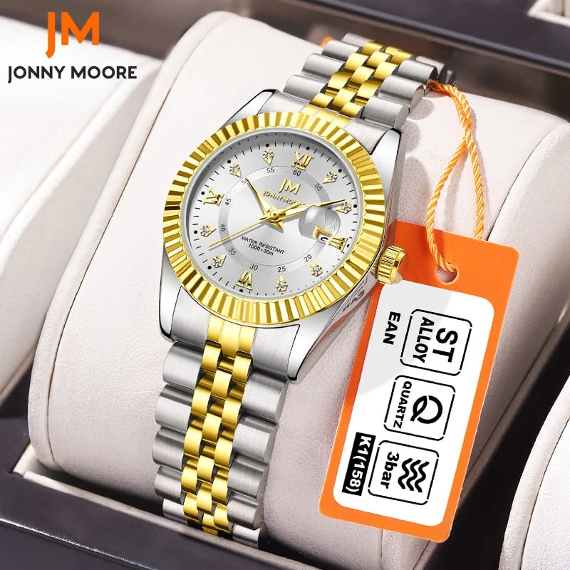 JONNY MOORE J1040 Fashion Luxury Steel Strip Quartz Watch with Diamond Inlaid Waterproof Calendar Diamond Watches for Women's