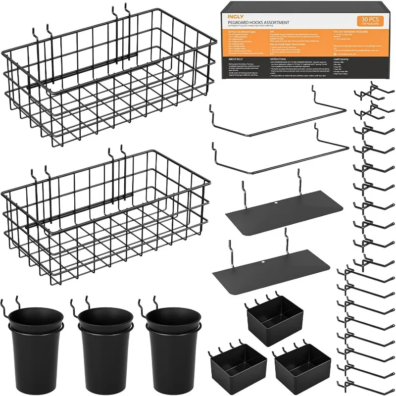 

30PCS Peg Board Organizer Accessories Kit, Pegboard Hooks Assortment with Bins,Wire Baskets and Paper Towel Holder