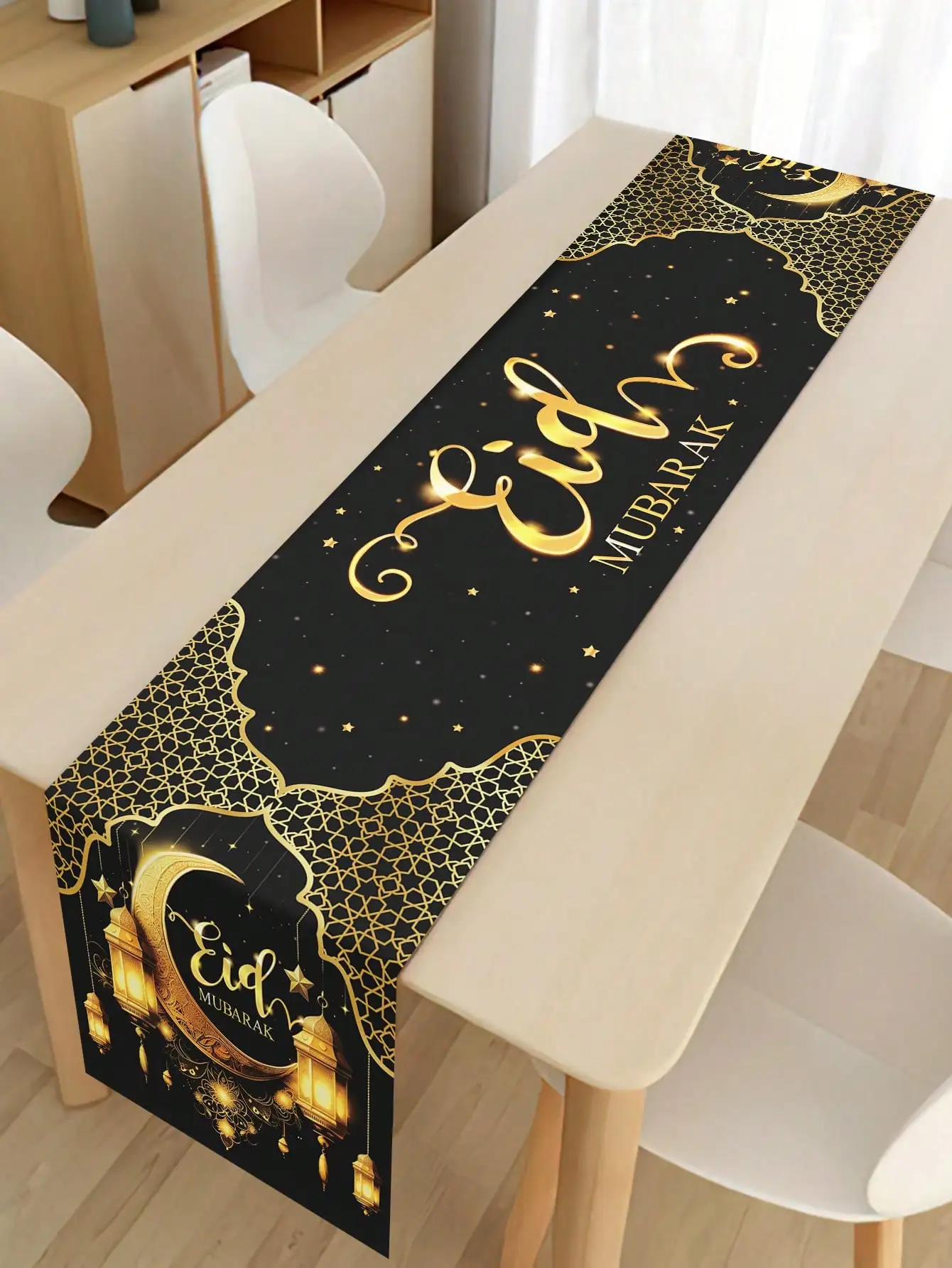 1 Stück Eid Mubarak Tischläufer Schwarz Gold Stern Mond Laterne Tischdecke Muslim Festival Party Tischdekoration Langer Tischläufer
