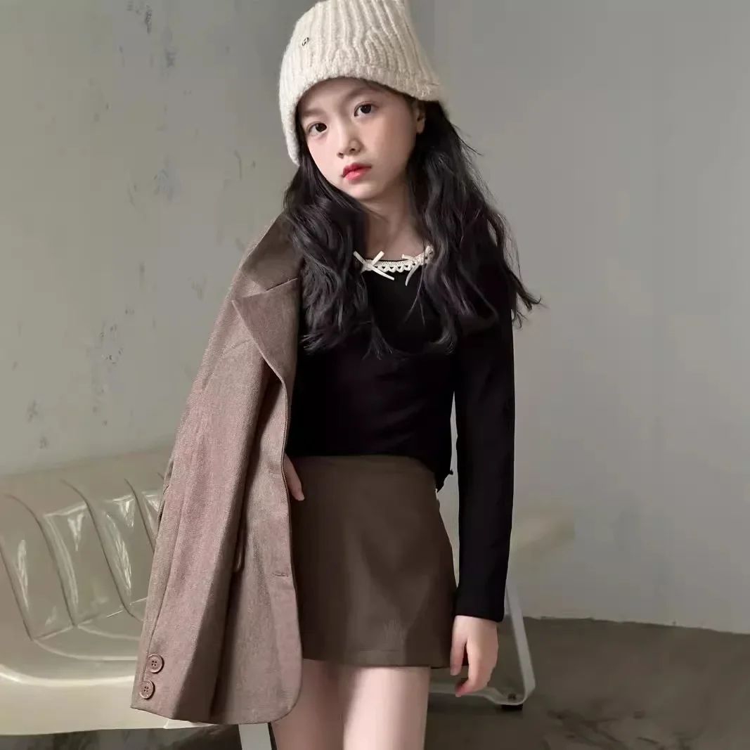 

Undershirt Round Neck Autumn Girl Elastic Force Tight Fitting Bow Flower Edge Sweet Head Cover Tops 2025 Bows Solid