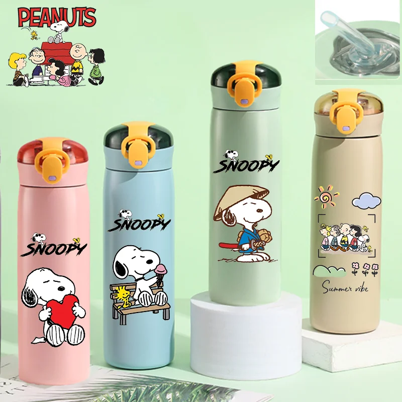 Snoopy 460ml Thermal Cup BPA Fre Bouncing Childrens Straw Cup Portable Outdoor Sports Water Cup Drinking Stainless Steel Bottle