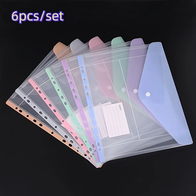 6pcs Expandable Binder Pockets - 11 Holes for 2/3/4 Ring Binders, Side-Opening Plastic Folders with Snap Button