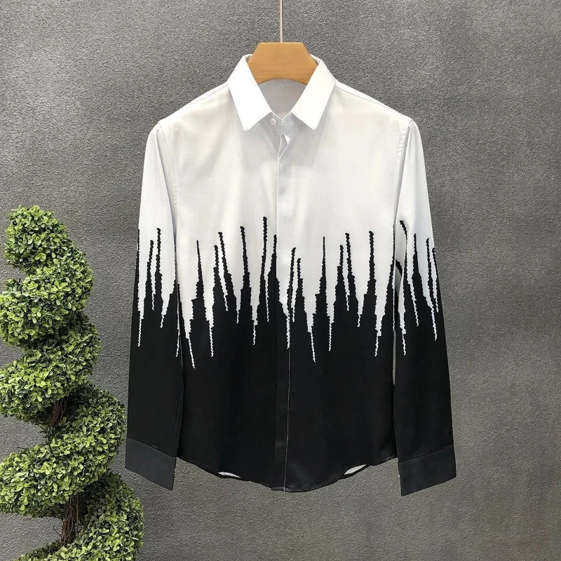 

Korean Trendy Men's 2024 Spring Autumn New Splicing Square Collar Button Printed Fashion Minimalist Casual Long Sleeve Shirts