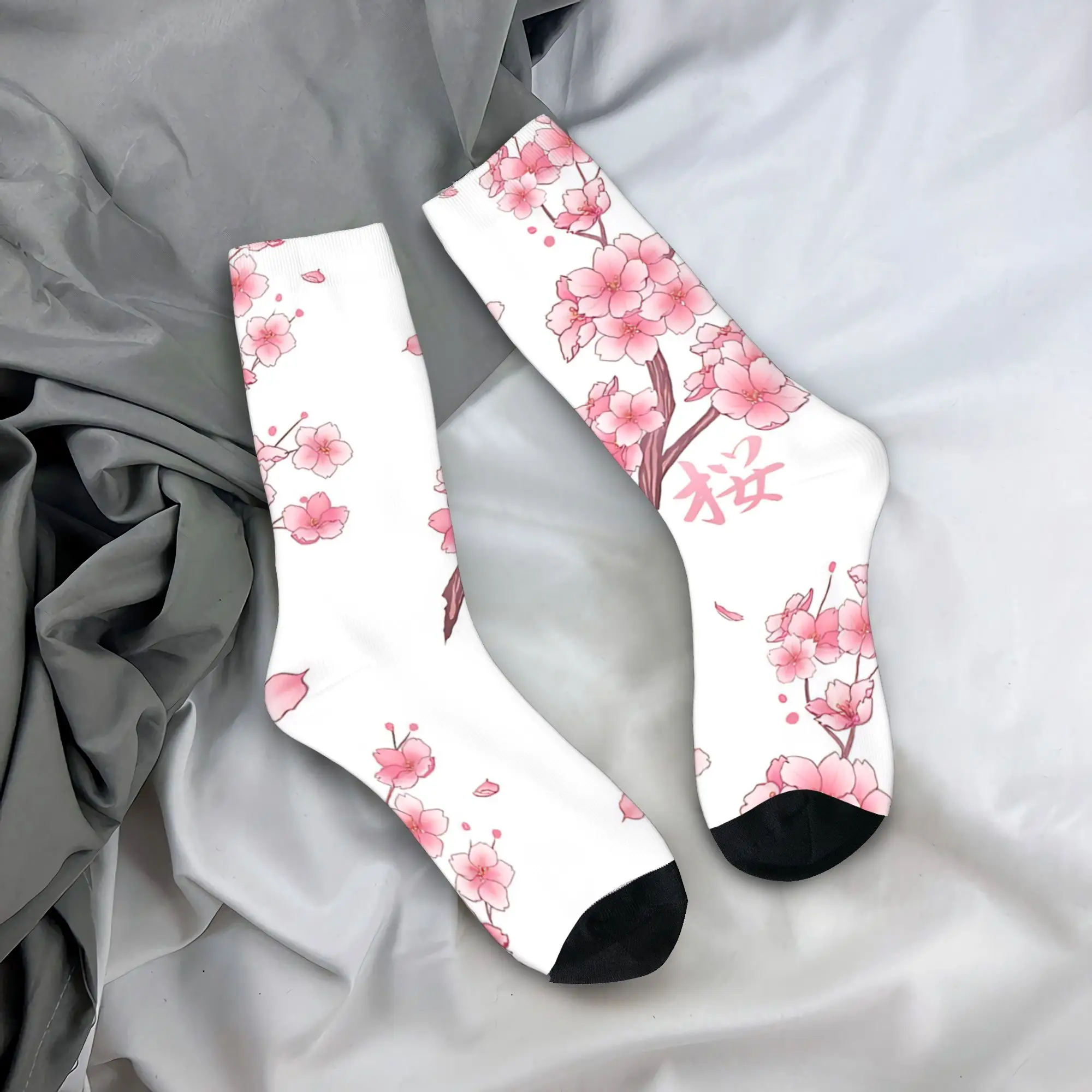 Falling Pink Sakura Cherry Blossom Branches On White   Socks  Fashion Stockings Spring Anti Slip Men's Socks Quality Socks
