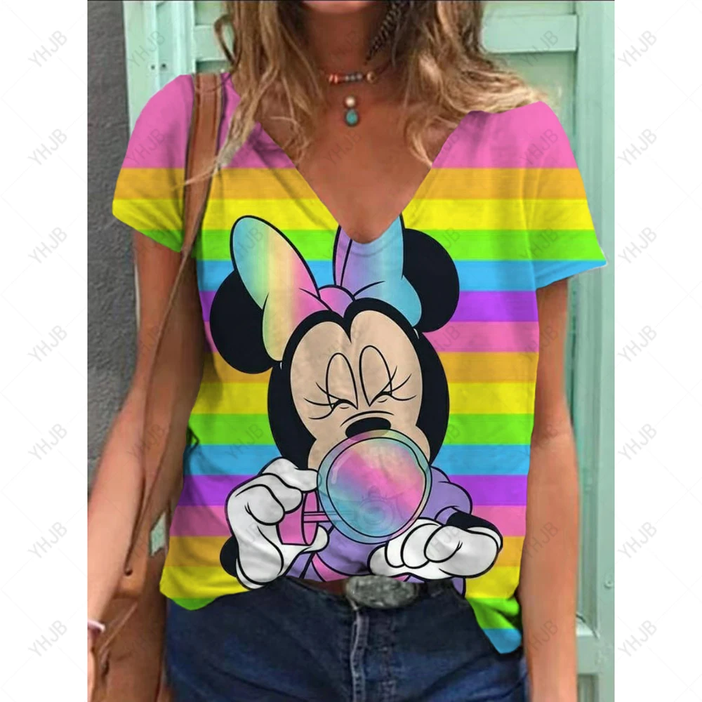 Disney donna 3D Topolino Tee moda scollo a V estate manica corta allentata streetwear abiti femminili maglietta casual da donna ﻿